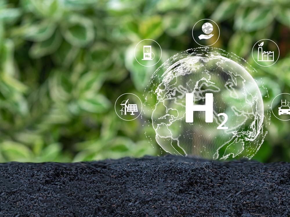 illustration of hydrogen atom surrounded by bubbles describing clean energy applications   