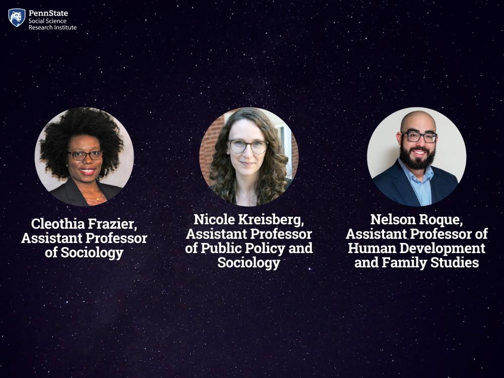 Headshots of new SSRI co-funded faculty members on a dark background with white text: Cleothia Franzier, Nicole Kreisberg, and Nelson Roque