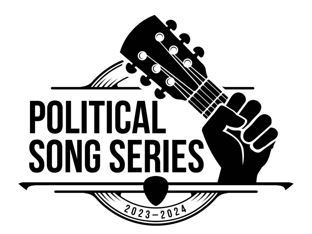 Political Song Series graphic— hand on guitar neck, black and white drawing