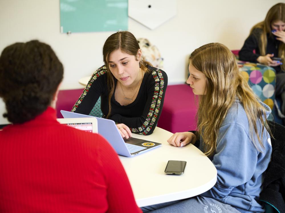 Student tutor working with another student on laptop