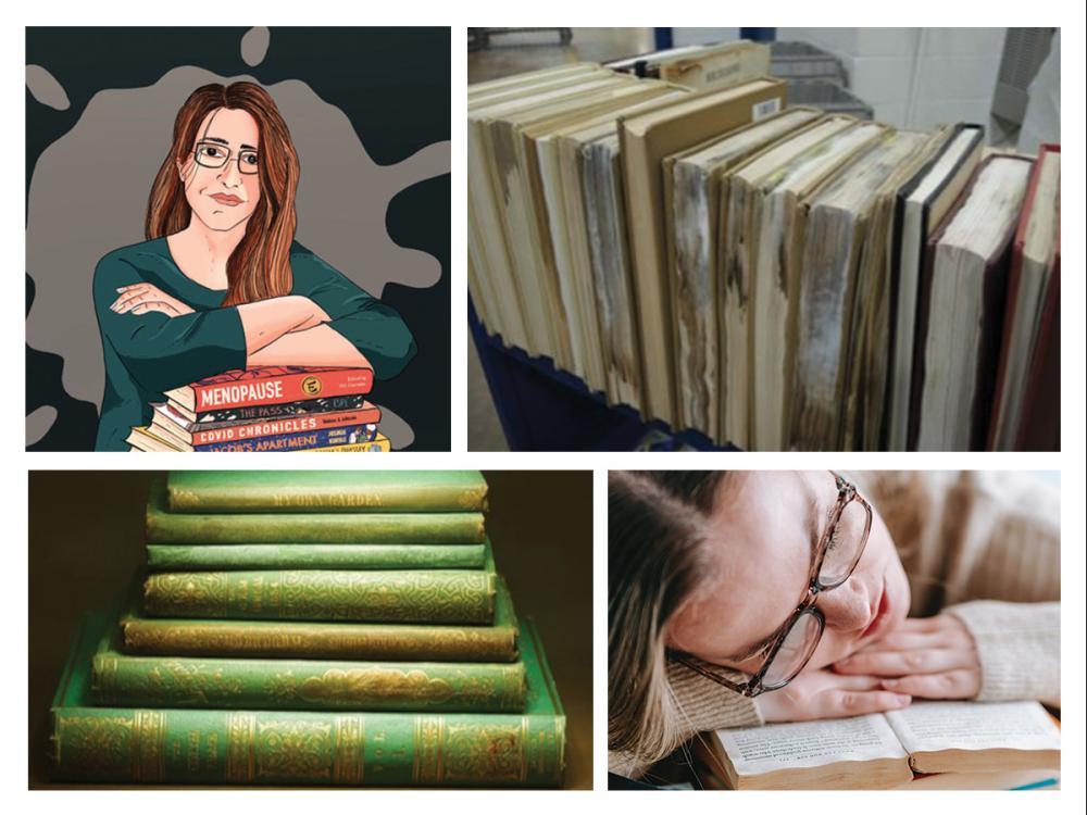 cartoon woman resting arms on books, standing books with damaged pages, young woman's head resting on open book, stack of books