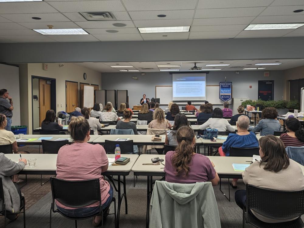 Nursing faculty member Justina Malinek making a presentation to a classroom full of local school nurses