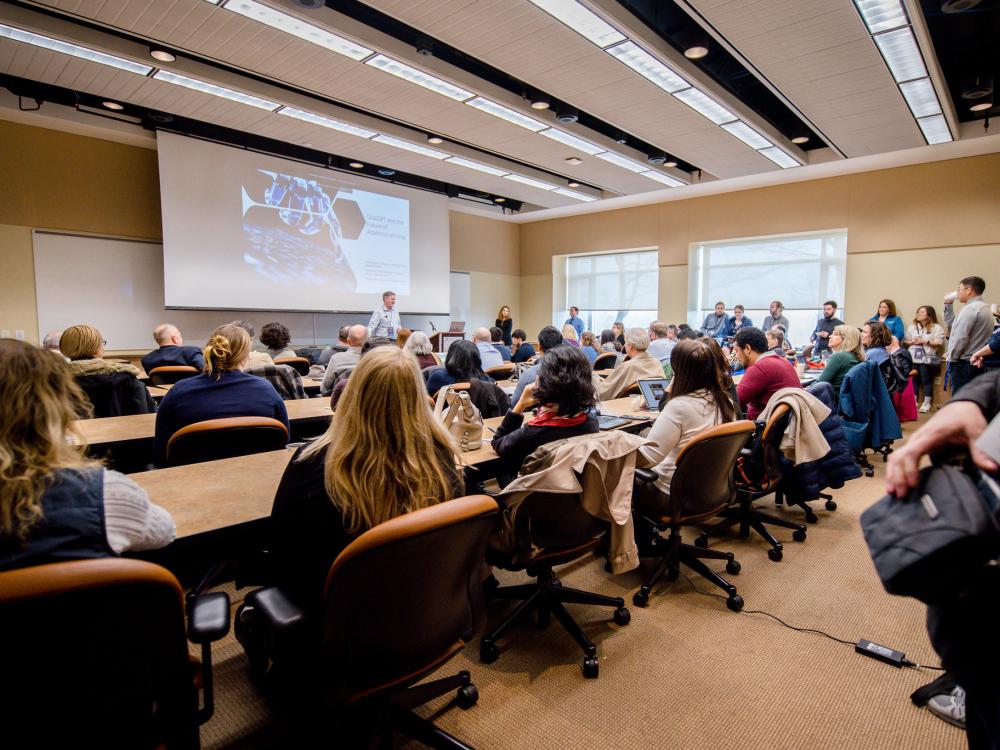 Attendees listen to a presentation on ChatGPT during the 2023 TLT Symposium at the Penn Stater Hotel and Conference Center.
