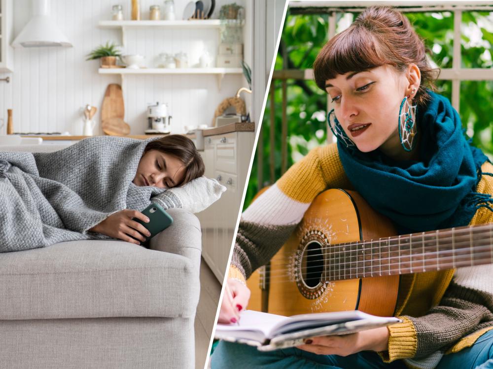 A woman looks at her phone on a couch. In another image, a woman plays guitar. 