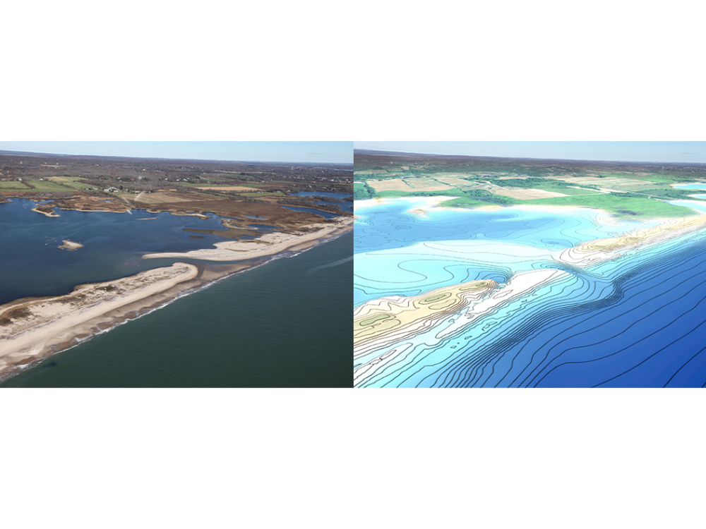 A photo of a coast next to a model simulation of the same coast