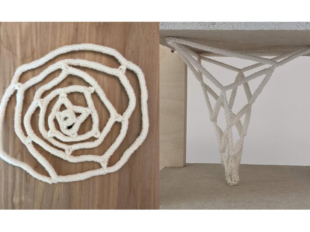 A rose shape made with isocord lying flat at left and under tension at right.