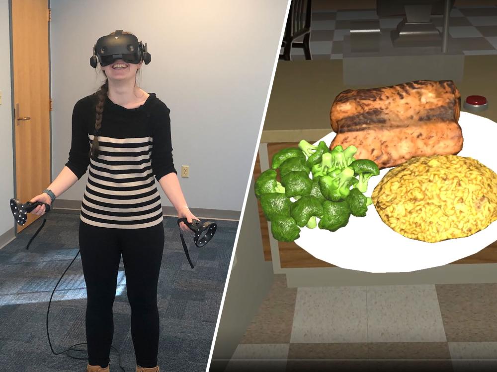 On the left, a woman wears a virtual reality headset. On the right, there is a virtual plate of food with broccoli, rice and salmon on it.