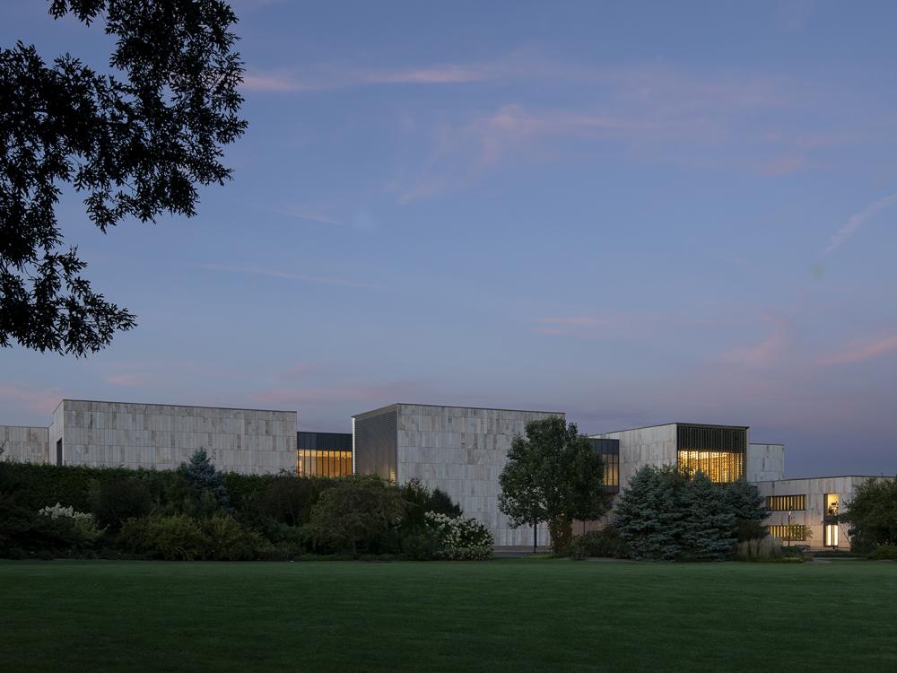 View of the new Palmer from the Penn State Arboretum at dusk