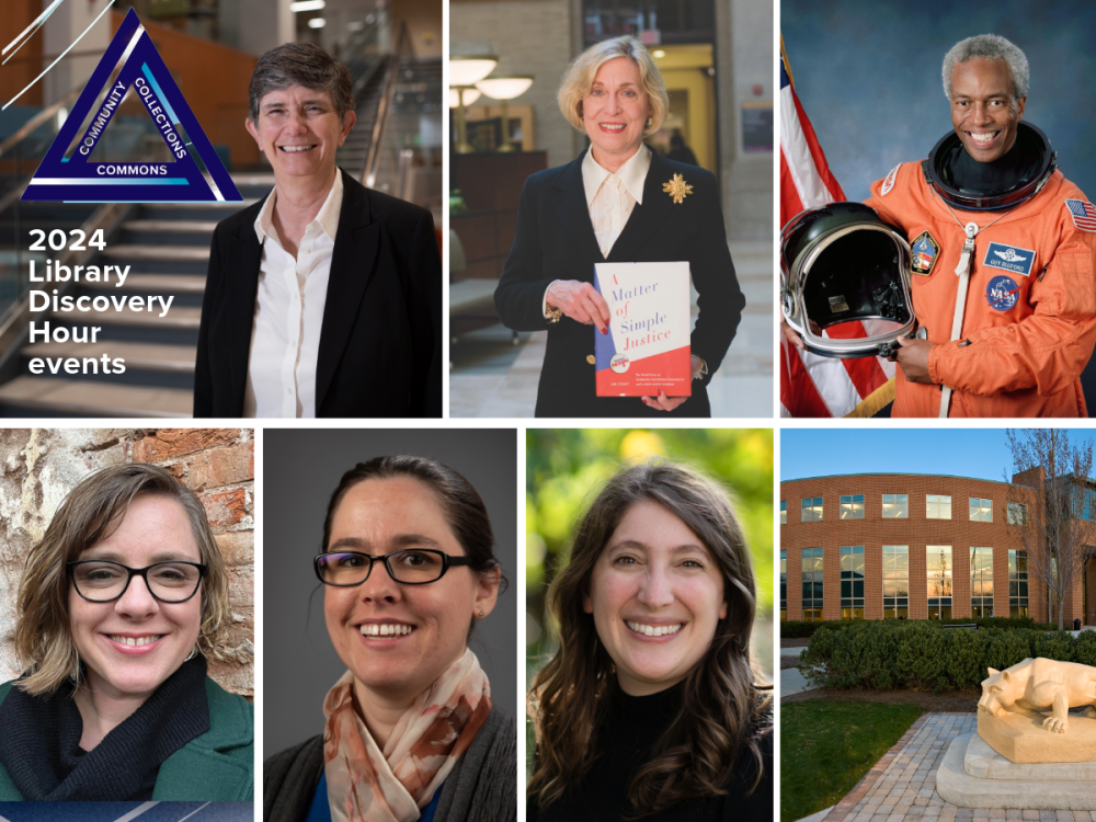collage photo showing five women one man in astronaut uniform, exterior photo of building with words 2024 Library Discovery Hour events
