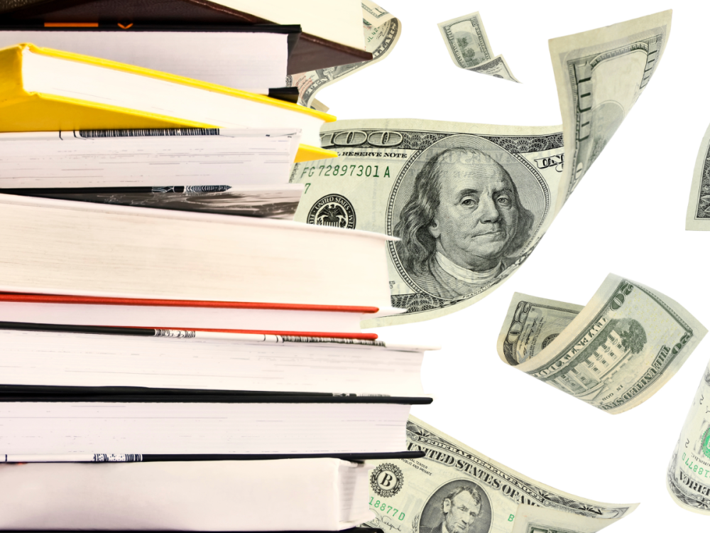 stack of books and dollar bills of different values floating down behind them 