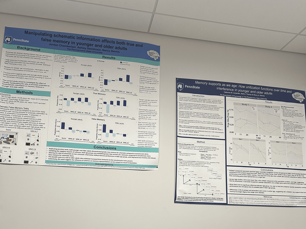 Two presentation posters detailing study results are hung side-by-side on a wall of the Cognitive Aging and Neuroimaging (CAN) Lab 
