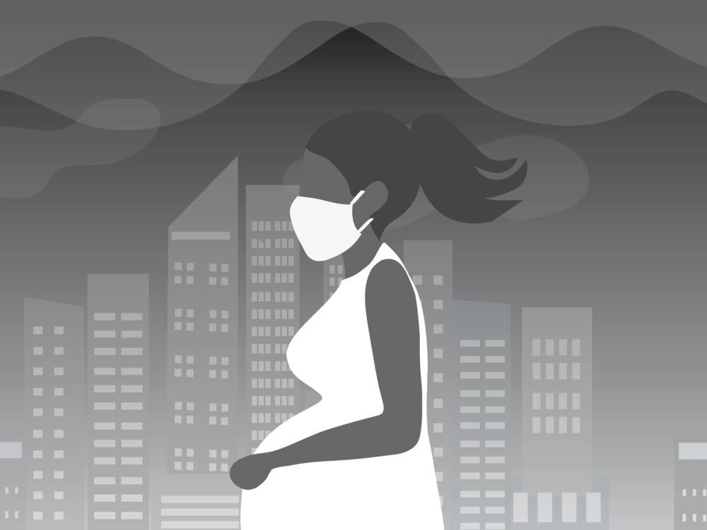 Illustration of pregnant person wearing mask with smokestacks in background.