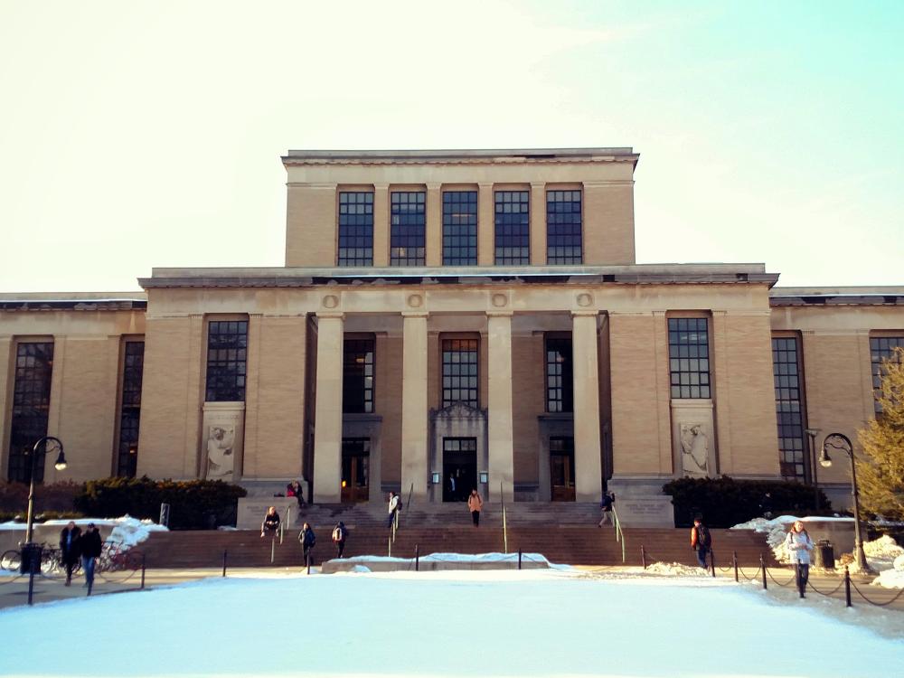 The Pattee and Paterno Library just as the sun starts to set on a late February evening.