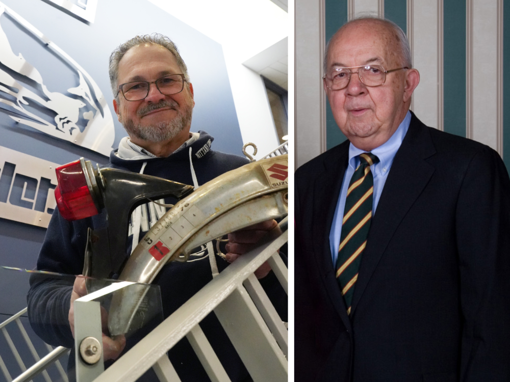 Two men in side by side photos. The one on the left is standing on a stairway in a dark blue Penn State hoodie holding a piece of a motorcycle. The right is a man in a dark suit, blue shirt and tie.