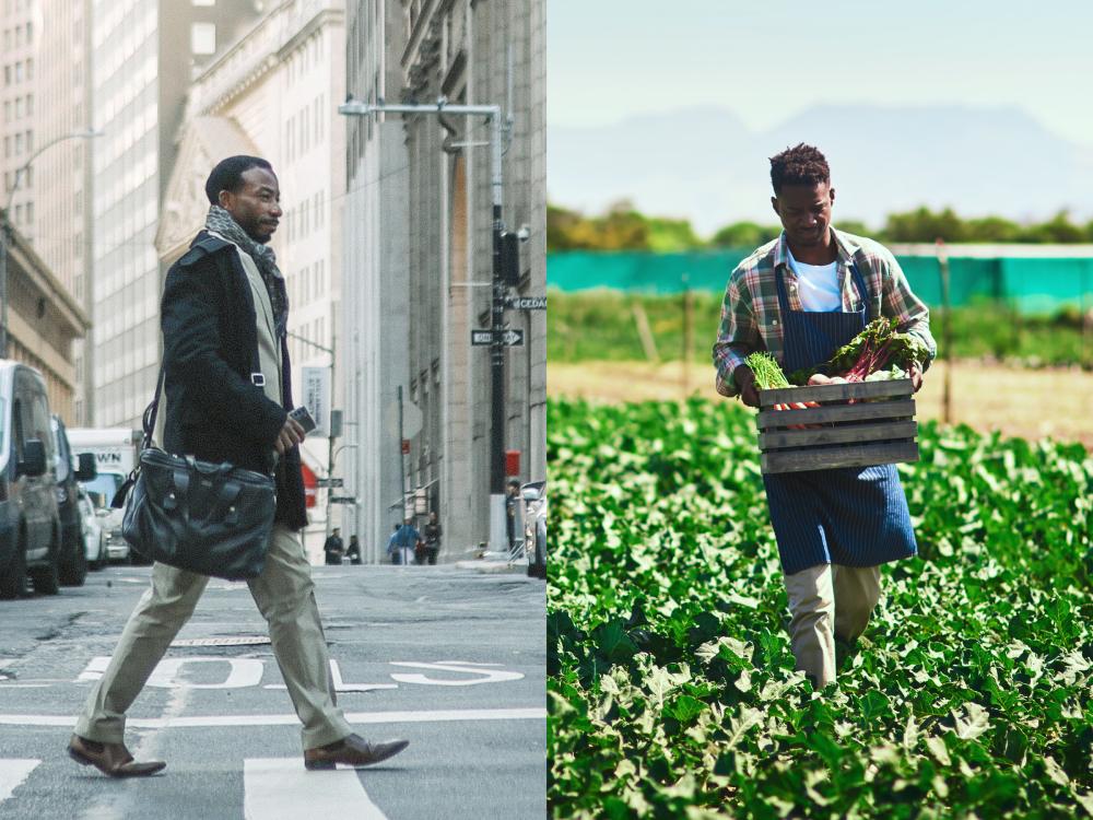 In one image a Black man walks through a city, in another, a Black farmer walks through his field