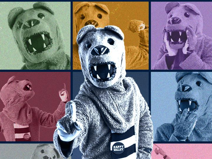 Nittany Lion poses as Taylor Swift's Eras Tour poster
