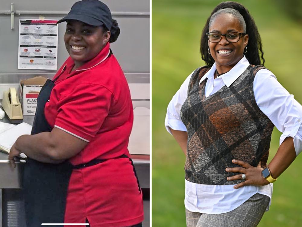Images of Trina Love show her at heaviest weight, on the left, and her current weight of 165 in December 2023.