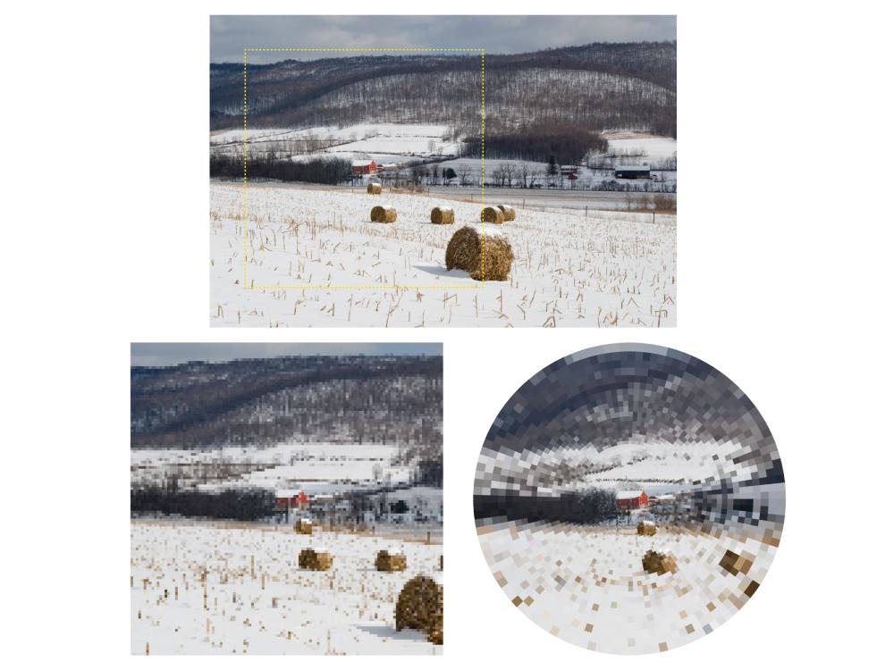A square pixelated image next to a round pixelated image depicting snow-covered farm fields. 