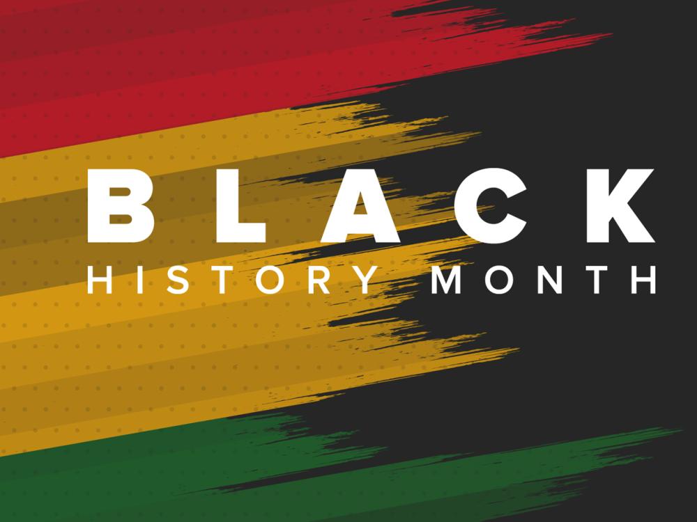Paint strokes of black, red, yellow and black with the words "Black History Month" in white