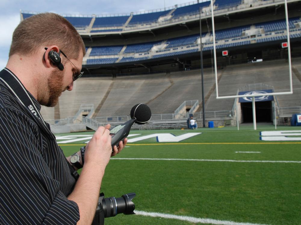 Barnard and his team measure noise transmission from individual seats to the field to determine maximum noise-producing sections of the crowd in 2009.