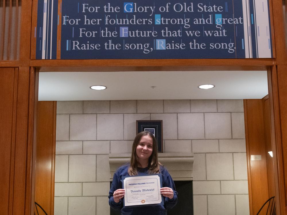 Veronika Miskowiec, the first-place winner of the Collegiate Laws of Life Essay Contest, read her essay at the Paterno Fellows recognition ceremony on Feb. 13.