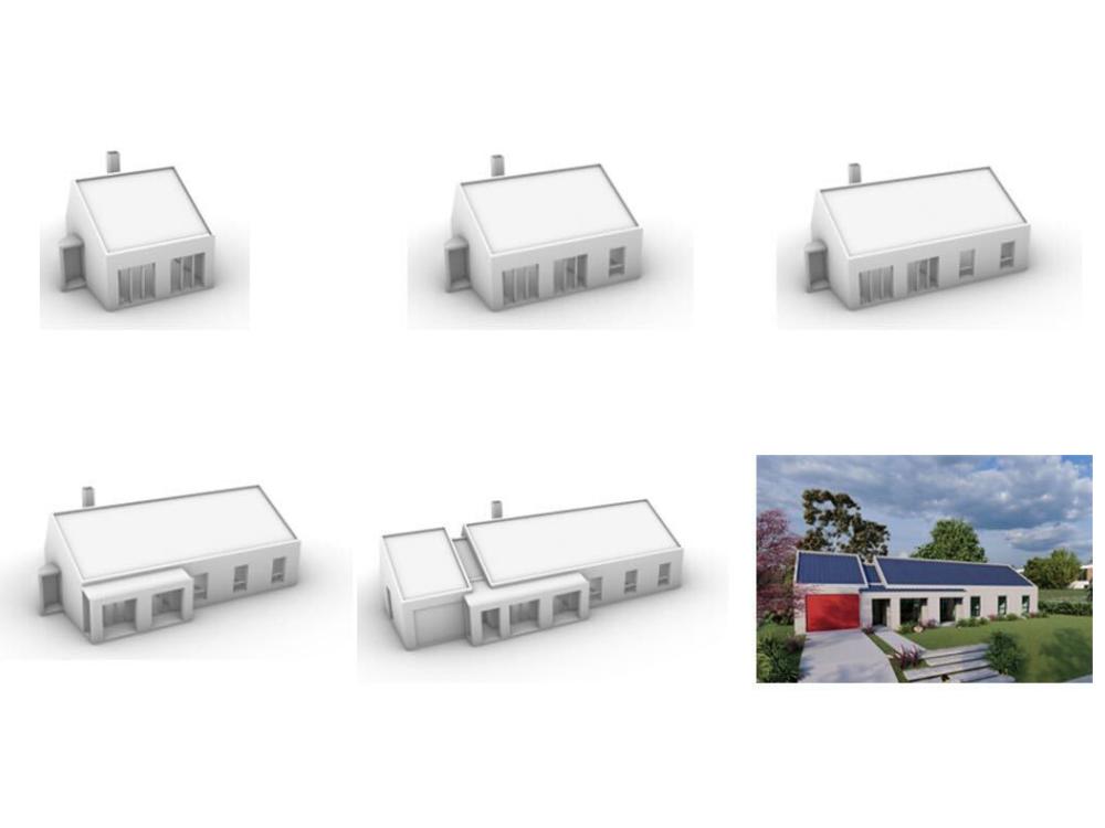 Renderings of concrete 3D-printed houses.