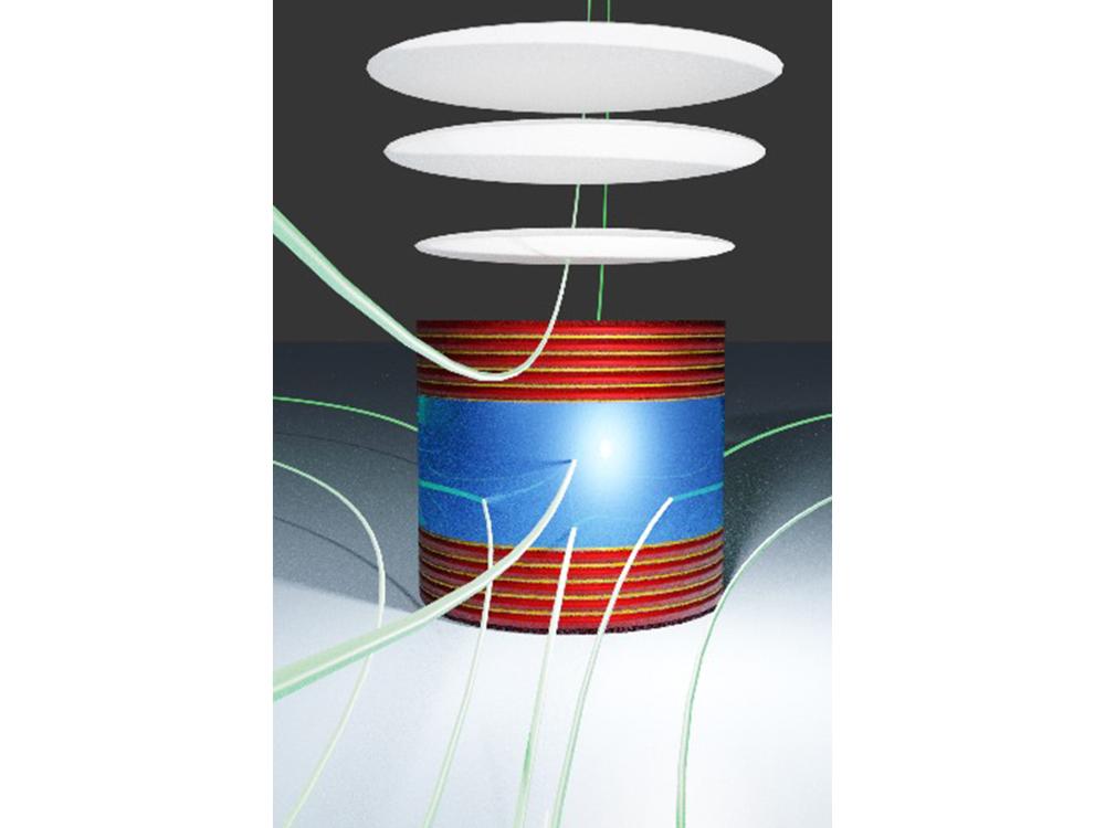 A 3D illustration of a new device that can harvest energy from magnetic field and ultrasound sources simultaneously, converting this energy to electricity that could power the next generation of implantable biomedical devices.