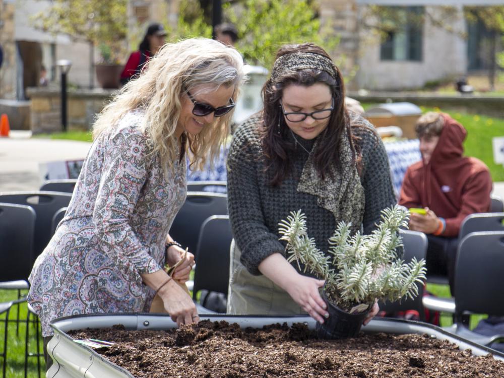 Berks staff member and student plant seeds in campus garden