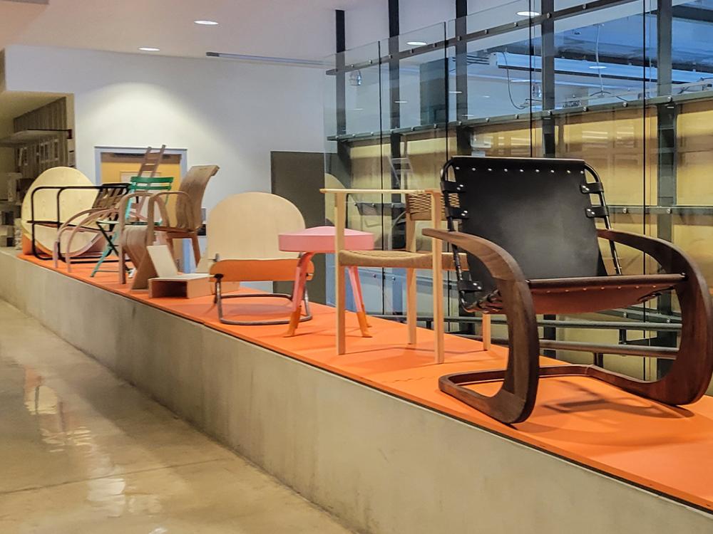 Chairs align a section of the first floor in the Stuckeman Family Building. 