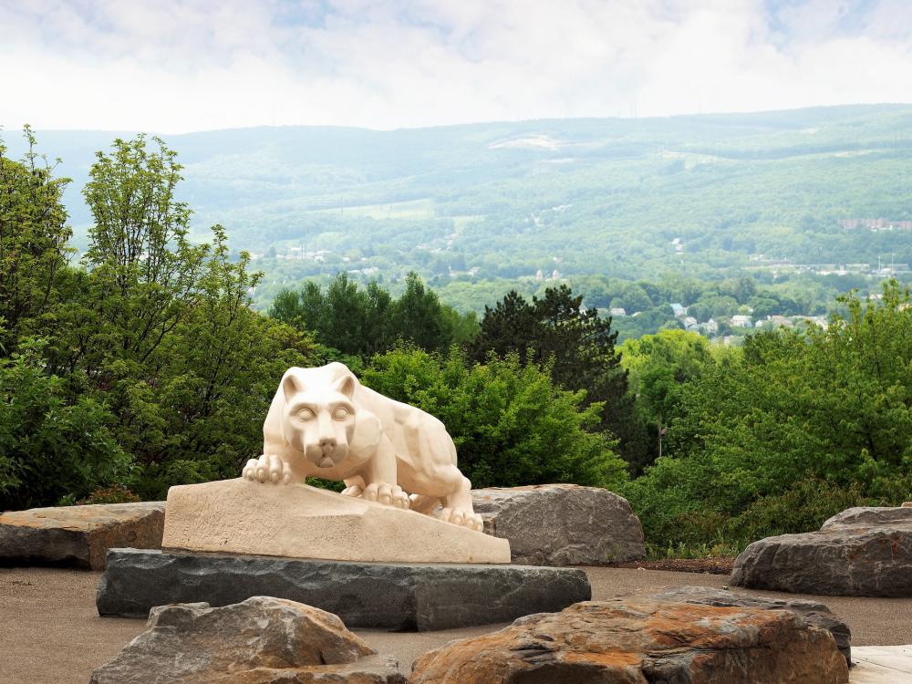 Nittany Lion Shrine at the Scranton campus with view of mountains behind it