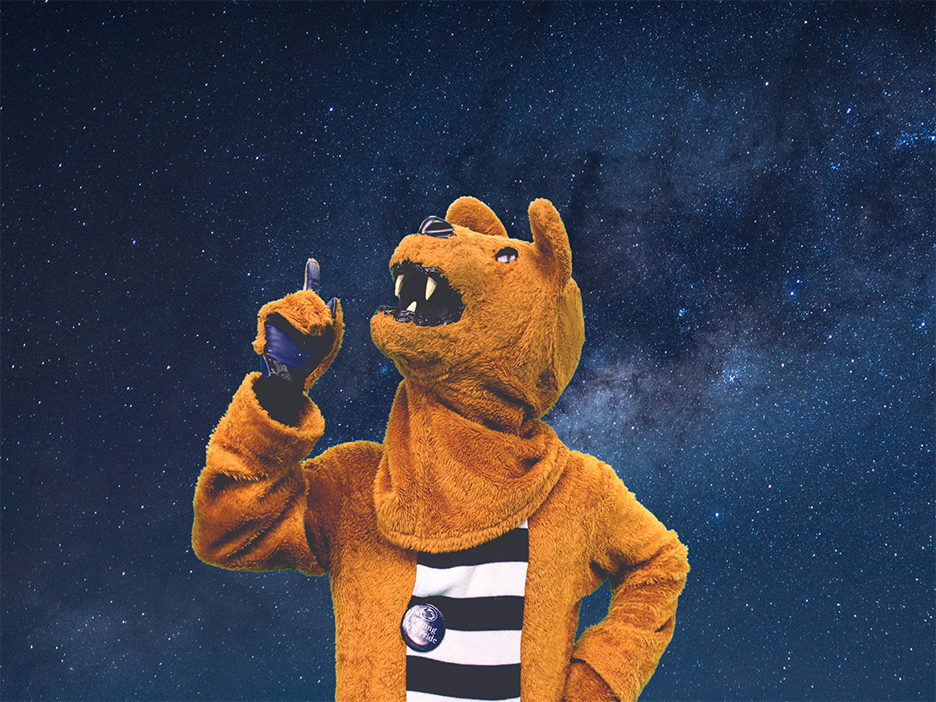 The Nittany Lion pointing up at a star-filled sky.