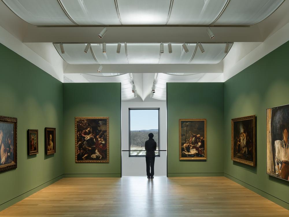 View of the Gallery of European Art at the Palmer Museum of Art at Penn State with view of the Arboretum.
