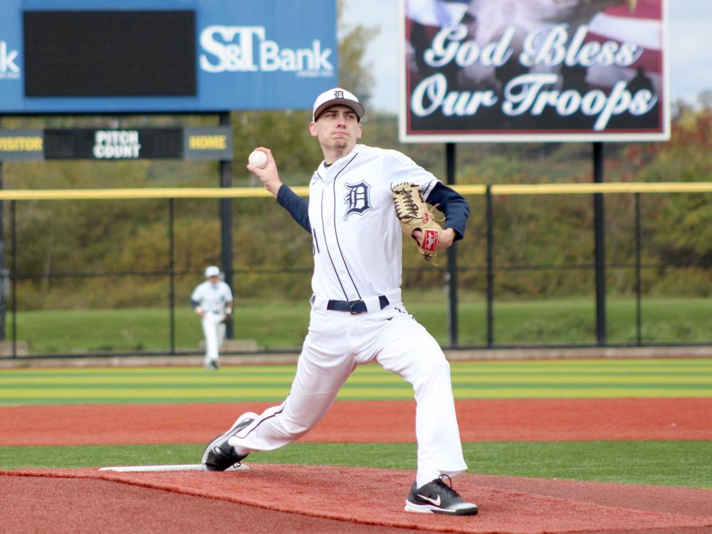 Penn State DuBois senior pitcher Taylor Boland delivers a pitch home during a recent home game at Showers Field in DuBois.