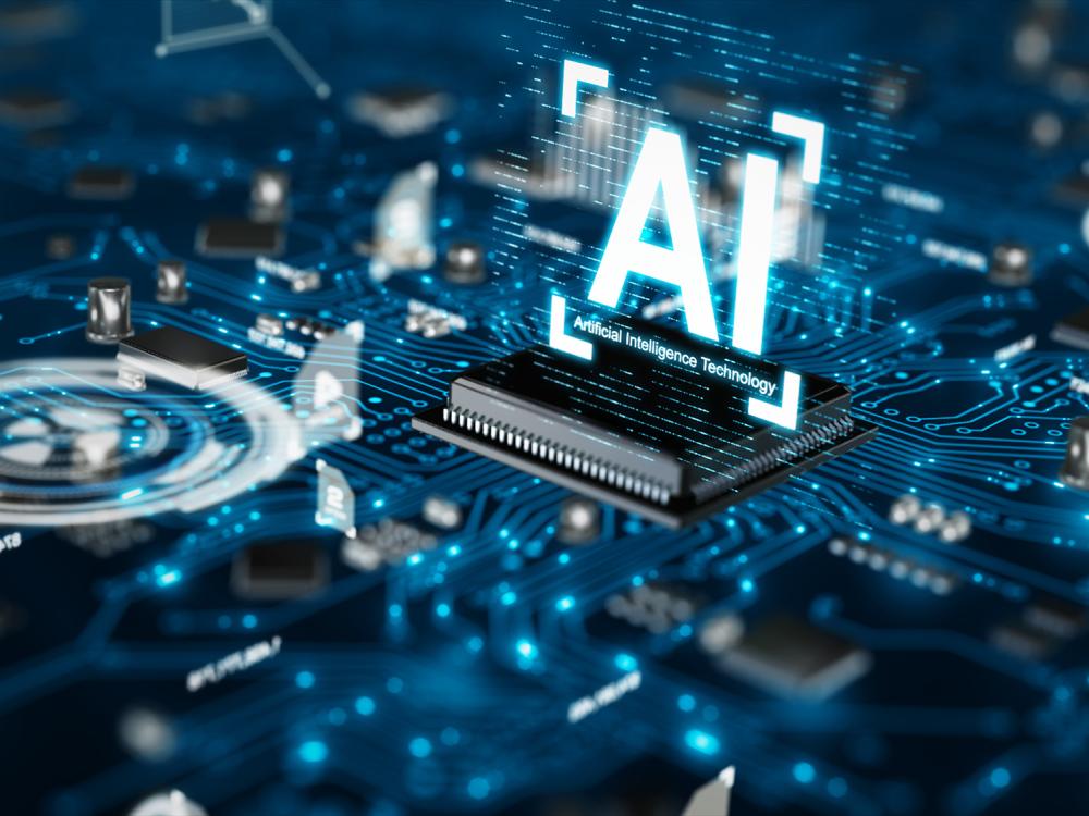 3D render AI artificial intelligence technology CPU central processor unit chipset on the printed circuit board for electronic and technology concept select focus shallow depth of field.