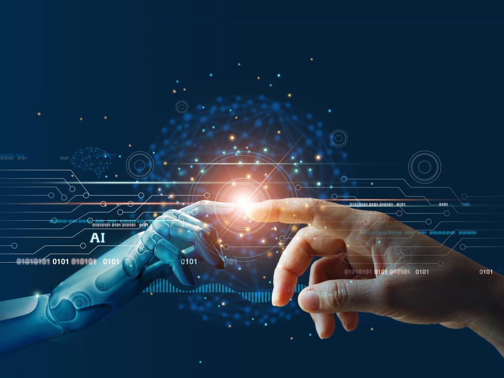 Artificial intelligence robot hand meets with human hand at central point.