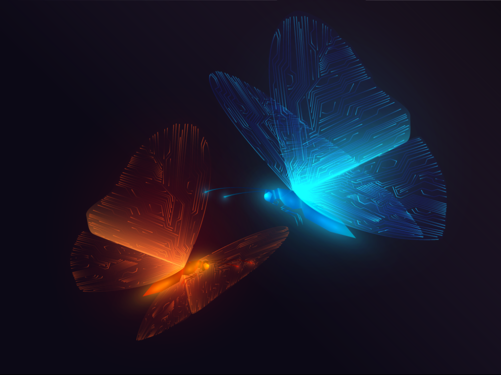 Two blue and orange glowing butterflies with circuit wings