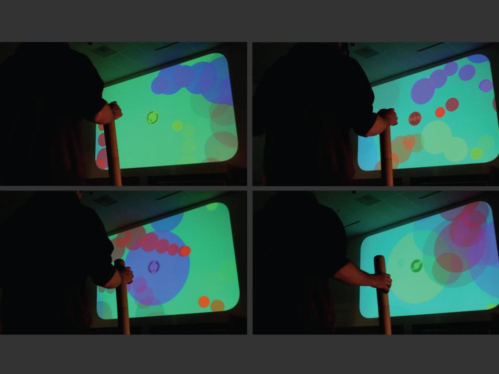 Four screen shots in a grid of an extended reality game. 