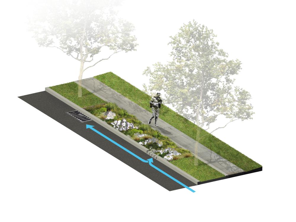 A rendering of the flow of rainwater water under the street level beneath a man who is walking. 