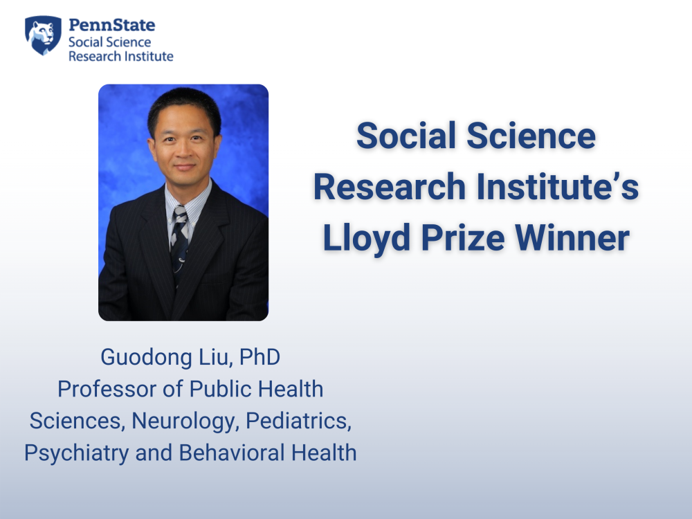 White graphic with blue gradient depicts Guodong Liu, an Asian man wearing a dark suit, as the Social Science Research Institute's Lloyd Prize winner.