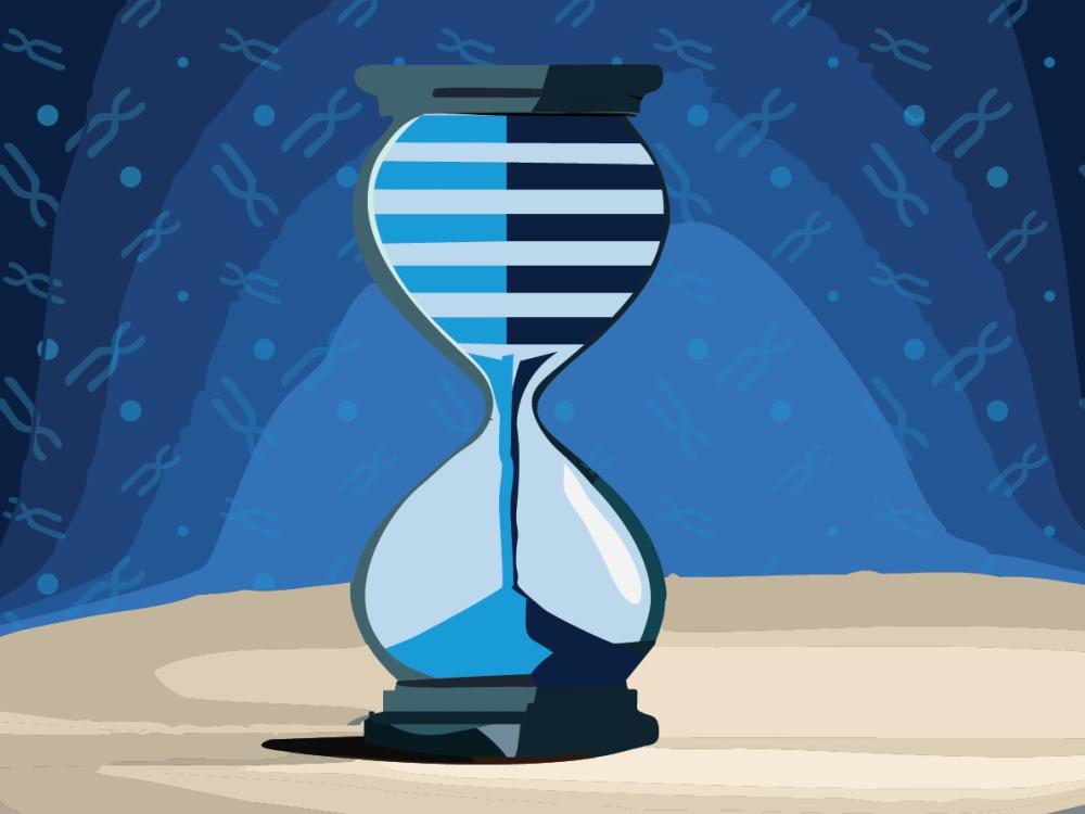 An hourglass echoing the shape of a DNA strand with paired chromosomes has sand running through it