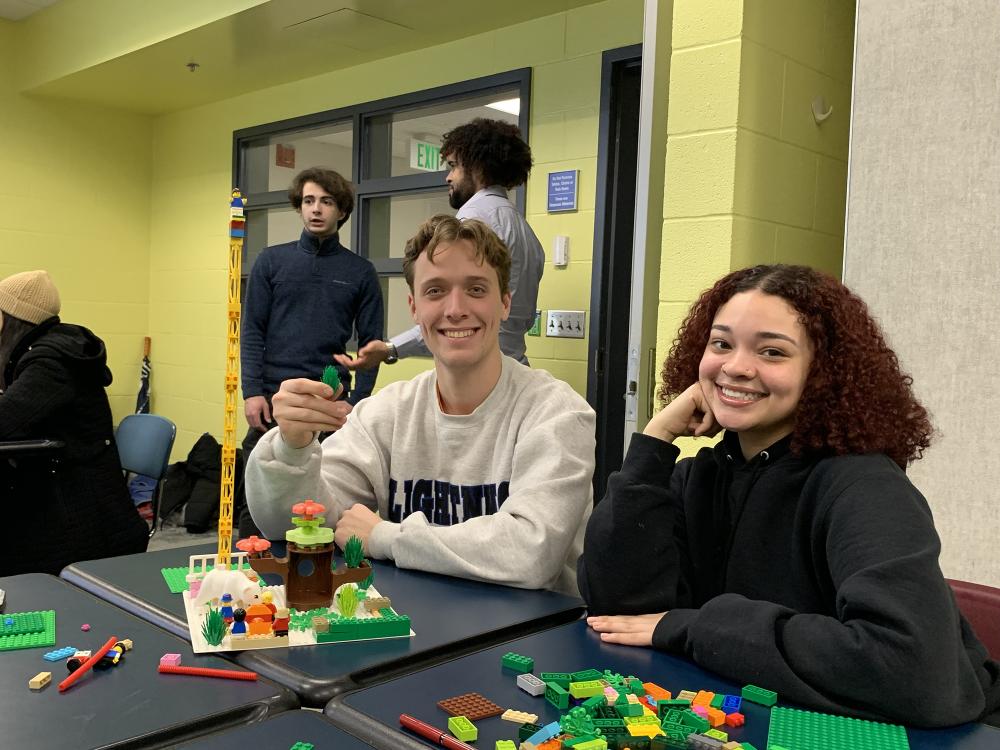 Students with Lego block structures