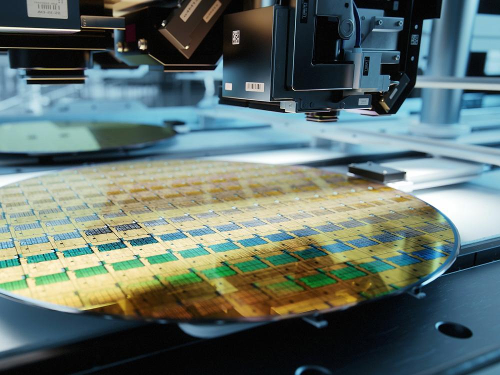 silicon wafer of microchips on production line