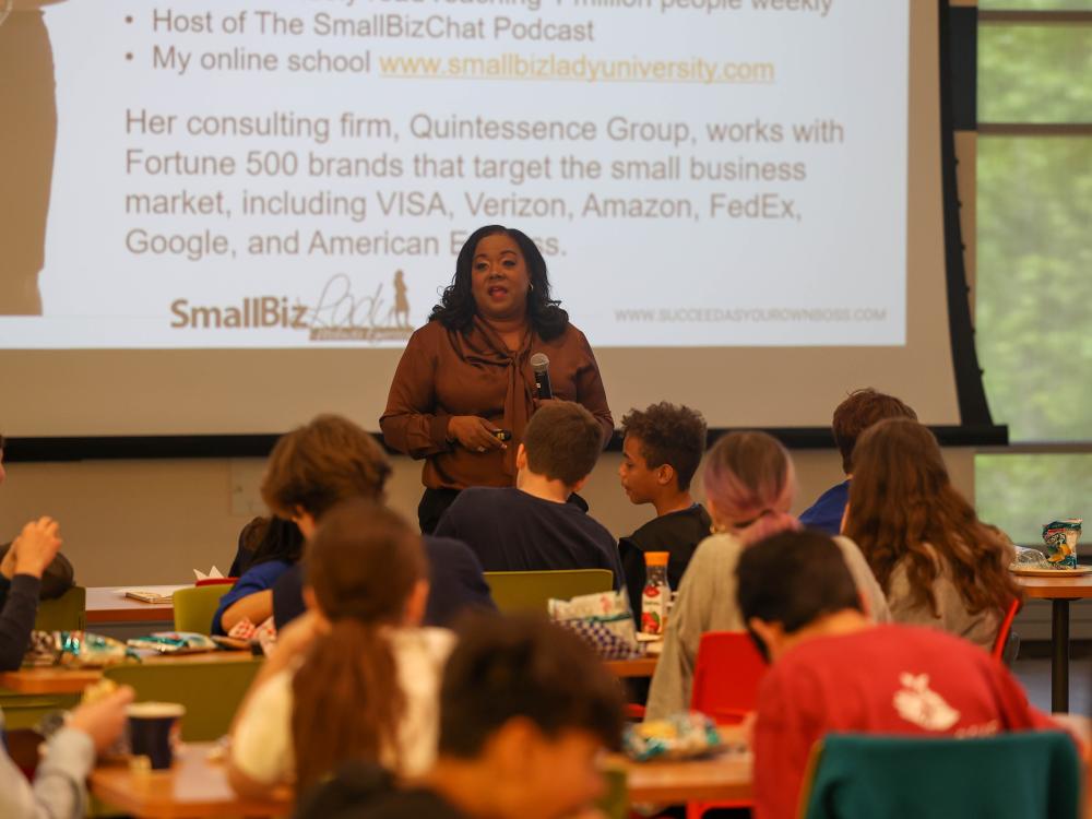 Melinda Emerson speaking with students