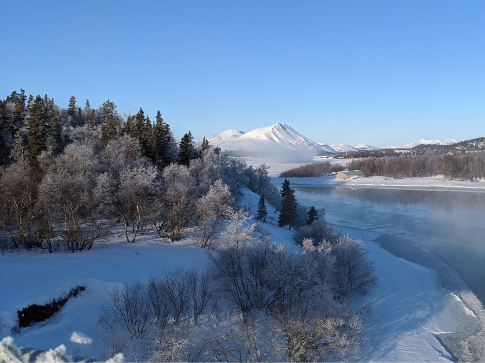 Aerial view of Alaskan wilderness including forest and a river