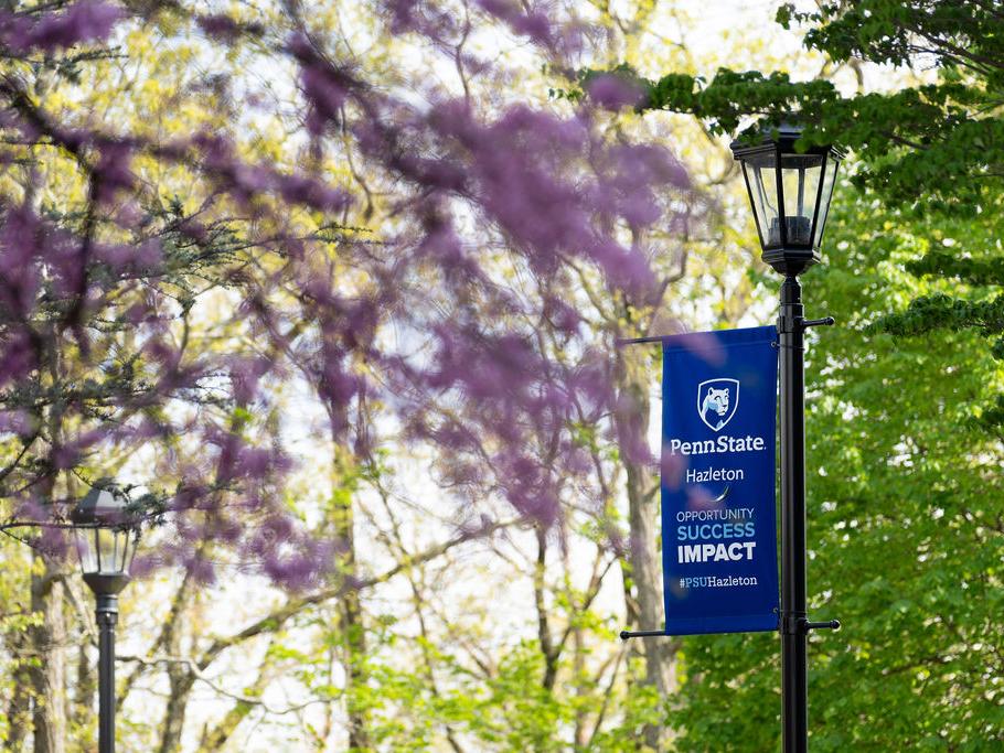 A blue Penn State Hazleton banner on a lightpost with a pink flowered tree in the foreground.