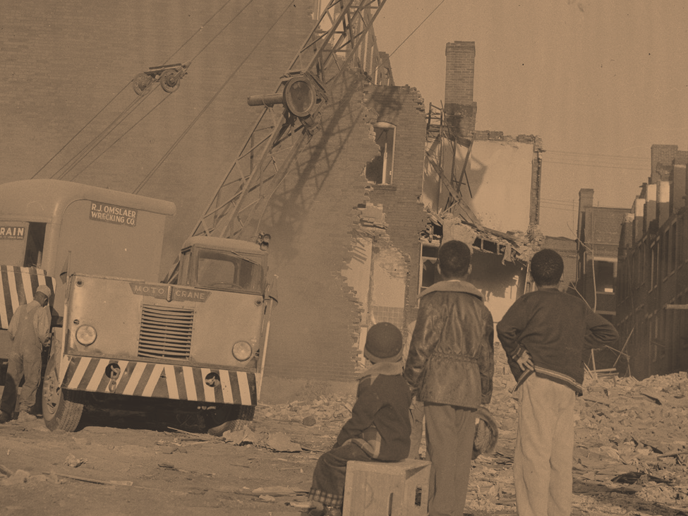 The cover of the Penn State University Press Fall/Winter 2024 catalog. It features three African American children watching a building being demolished.