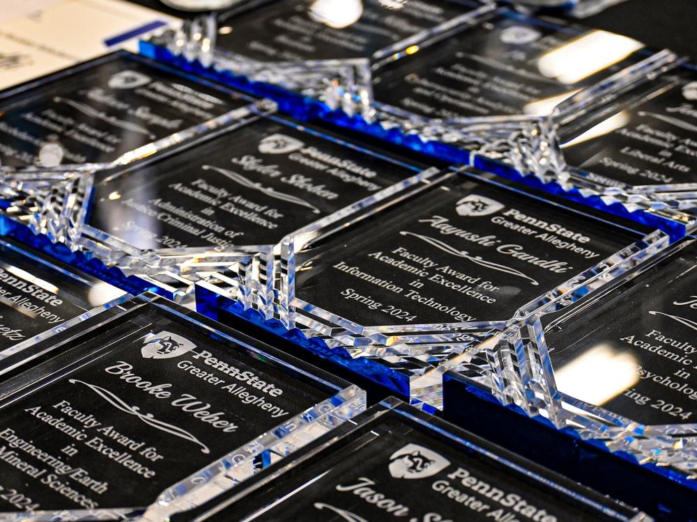 Award plaques on a table