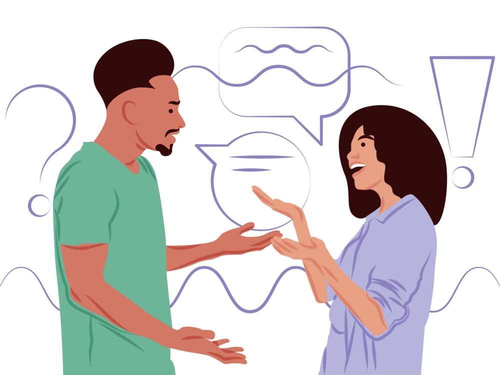 Illustrated graphic of two people conversing with text bubbles, a question mark, and exlamation point graphic in background.