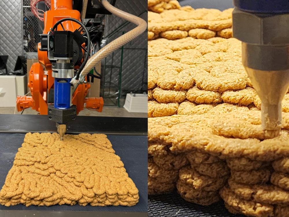 A split screen image of an ABB robot 3D printing mycelium-based composites at left and a close-up view of the extrusion nozzle while printing at right.