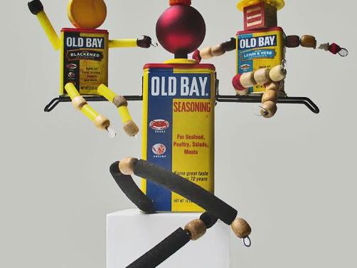 A sculpture made of Old Bay tins